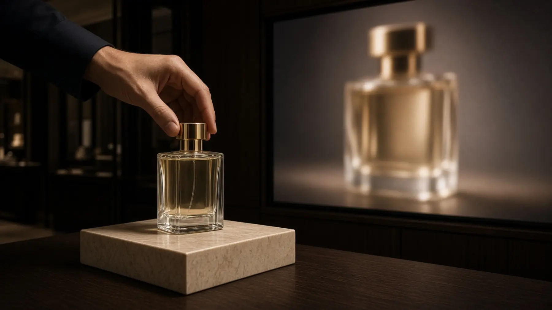 Una mano levanta un frasco de perfume y la pantalla detrás muestra ese mismo frasco.