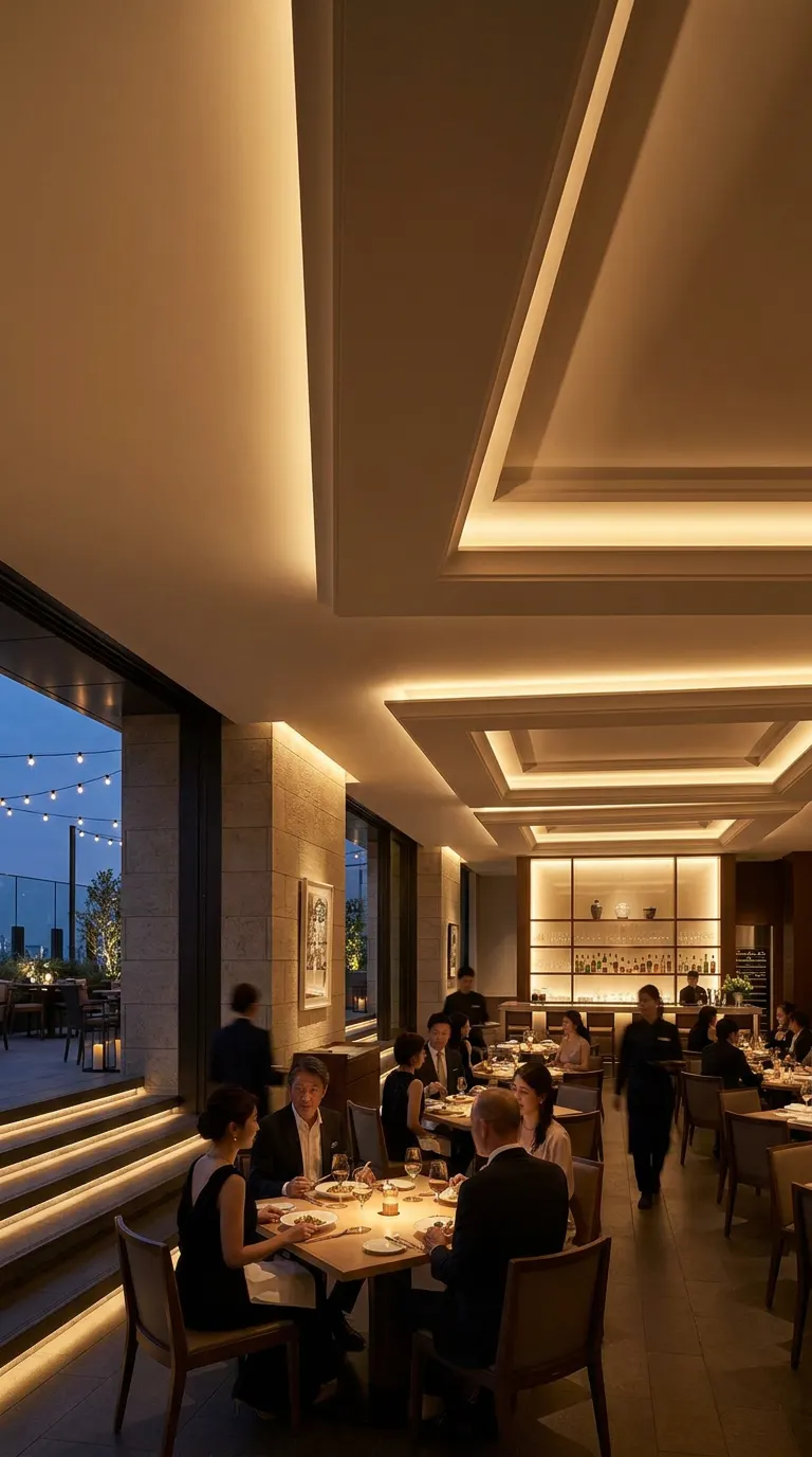 Comedor de un restaurante con luz arquitectónica y ambiente de servicio.