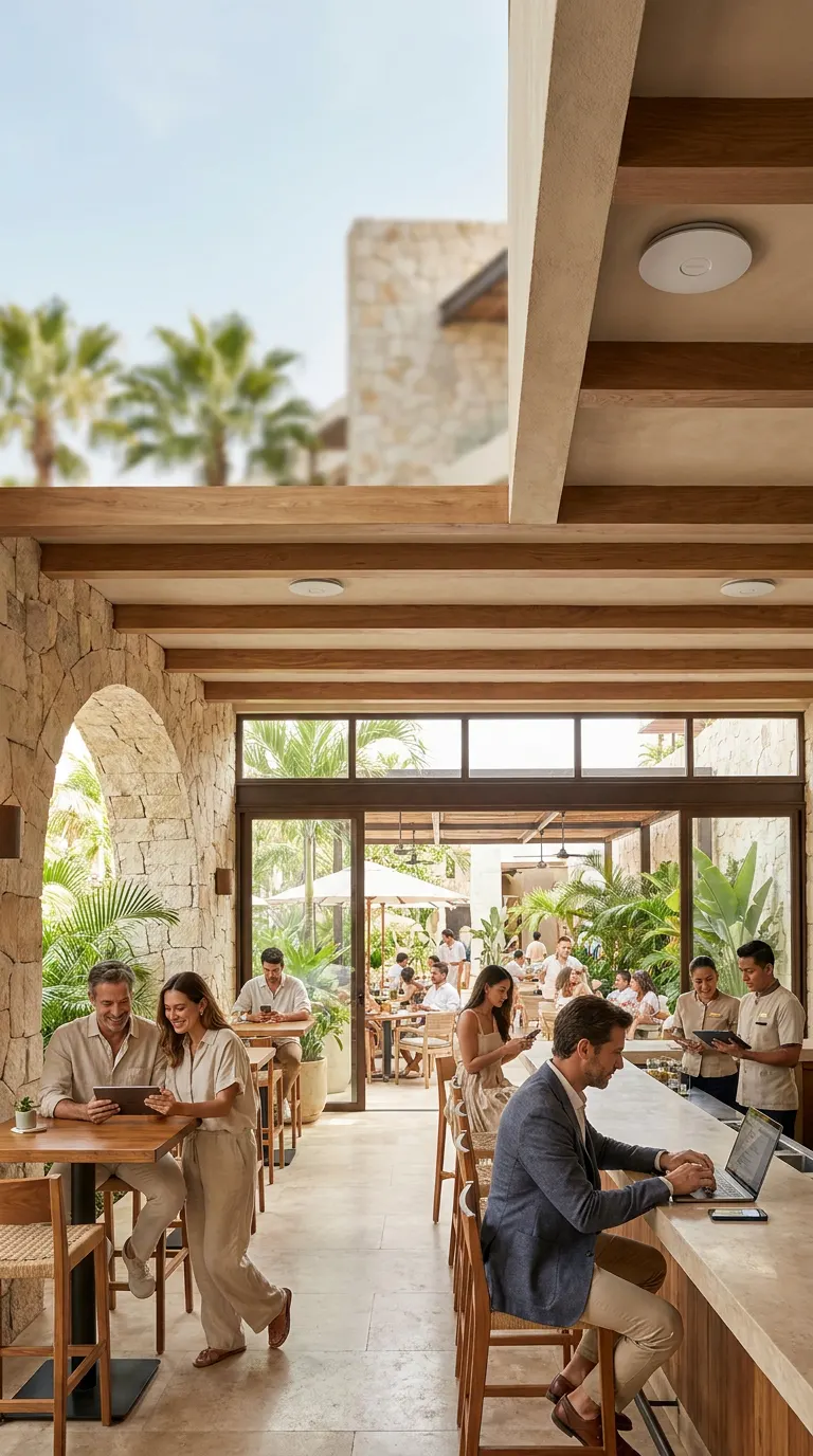 Barra y comedor de un restaurante con personas conectadas y cobertura en interiores y terraza.